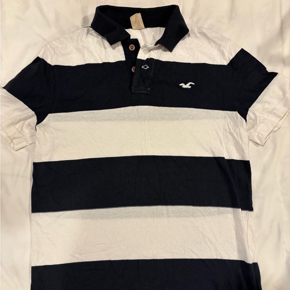 Men's Hollister Black and White Striped Polo Shirt